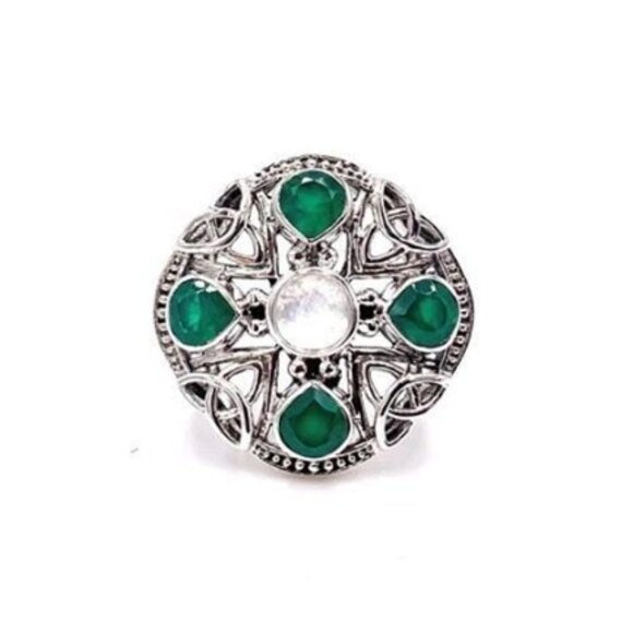 Nicky Butler Size 6.25 Celtic Cross Knot Gem Ring Green Chalcedony Moonstone - Picture 1 of 3